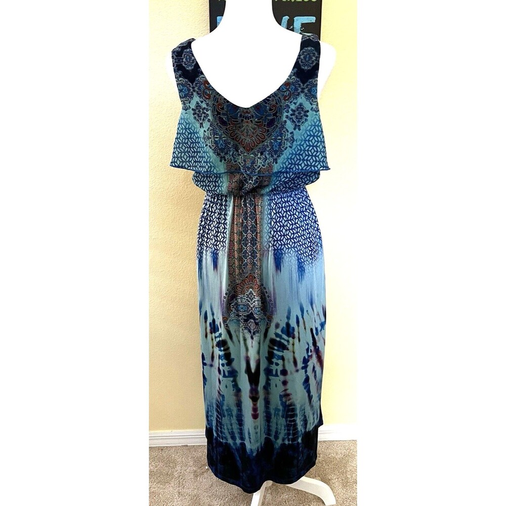 One World Paisley Boho Blue Ruffle Sleeveless Hi Lo Empire Waist Dress S - Picture 5 of 9